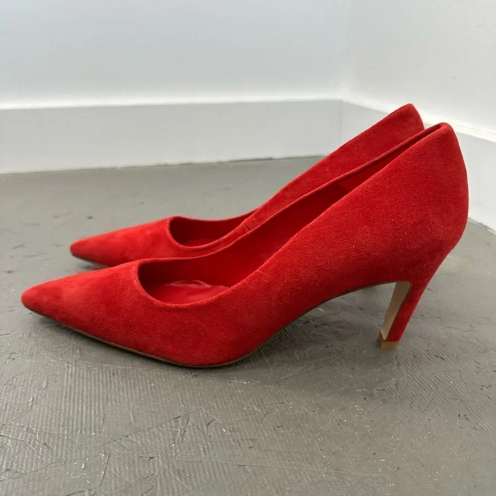 Good American Red Suede Leather The Icon Pointed Toe Pump Stiletto Heel Size 8